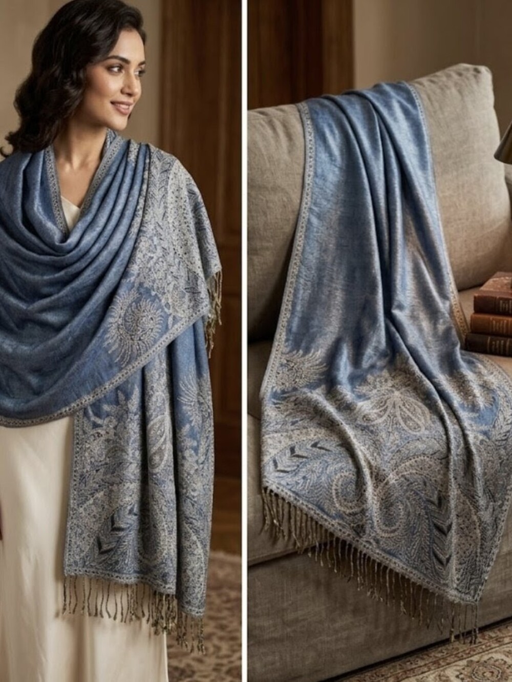 Elegant Blue Paisley Pashmina Throw Shawl - Long
